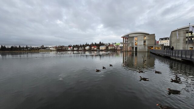 Tj&ouml;rnin lake and Reykjavik City Hall under a cloudy sky.