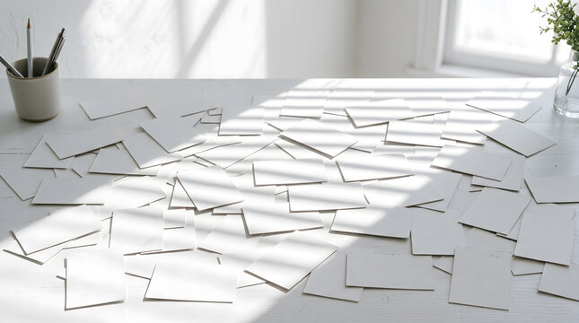 Blank White Cards Scattered on Modern Office Desk with Sunlight &ndash; Creative Brainstorming & Business Planning Background