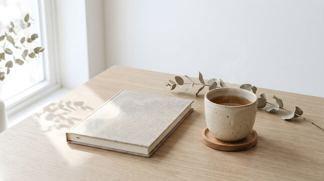 Minimalist Home Office Desk with Book and Tea - Serene Workspace for Productivity and Relaxation