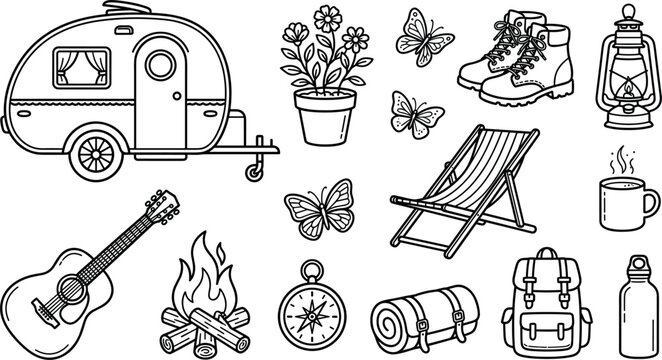 Outdoor Camping Gear and Camper Trailer Line Art Icon Vector Set for Nature Travel Blogs, Hiking Adventure Apps, and RV Rental Branding