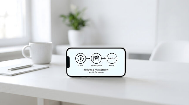 Smartphone with Recurring Payment System Icons on White Office Desk: Digital Finance Management & Mobile Banking Application