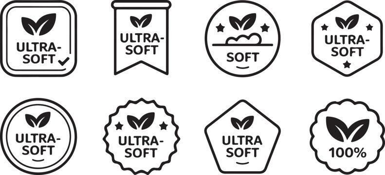 Ultra soft fabric badge and label collection with leaf icons for textile certification or premium quality hygiene product packaging.