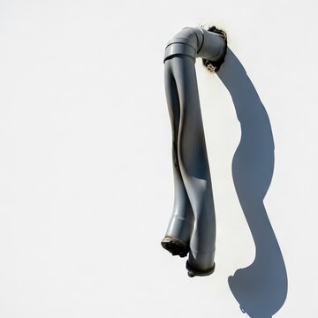 A gray PVC electrical conduit pipe is severely bent and deformed from intense outdoor heat, sagging along a white exterior wall in sun, building, component, industrial