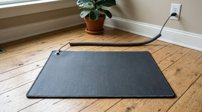 Black electronic heating pad on wooden floor near electrical outlet with cord and potted plant