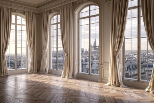 Paris style apartment with tall rooftop window view