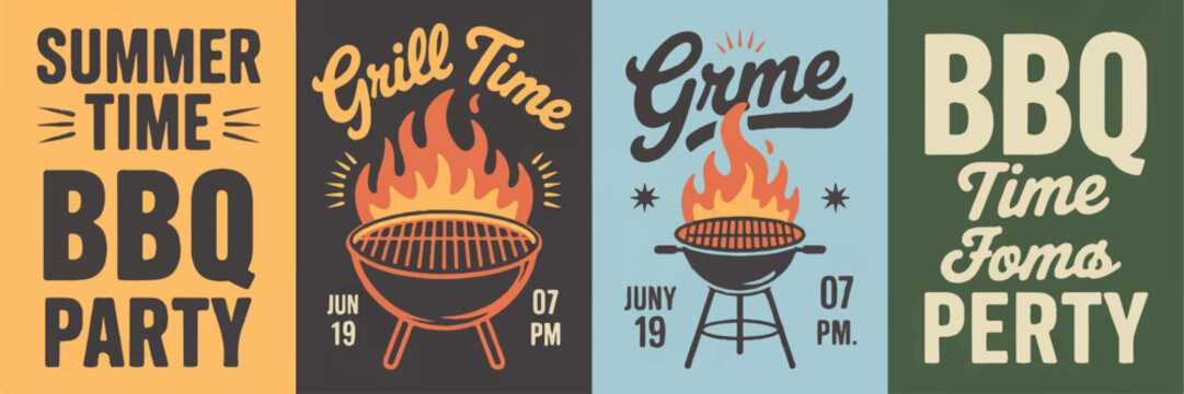 Summer season outdoor cooking themed posters featuring barbecue party announcements and retro typography for community grilling events.