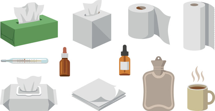 Flu and Cold Season Healthcare Relief Kit Vector Illustration Set with Tissue Boxes, Thermometer, Medicine Drops, and Warm Beverage for Medical Awareness Blogs