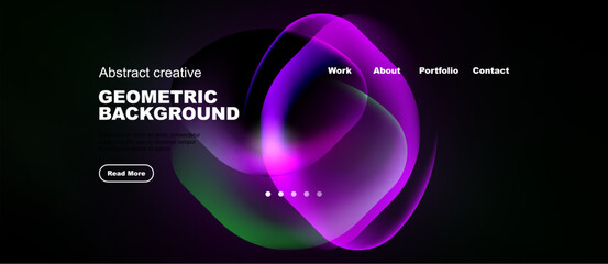 Naklejka premium Dark background features vibrant, overlapping shapes. Text elements include geometric background, navigation options, plus call to action.