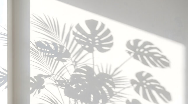 Tropical Plant Leaf Shadows on White Wall Background for Product Display, Interior Design, and Natural Light Aesthetic