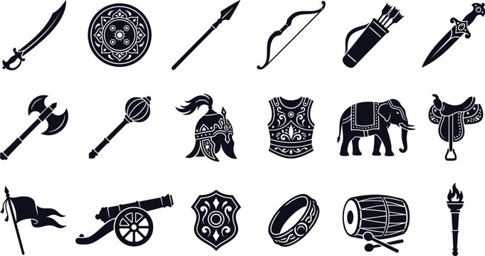 Black silhouette of animals, tools, vehicles, and in style