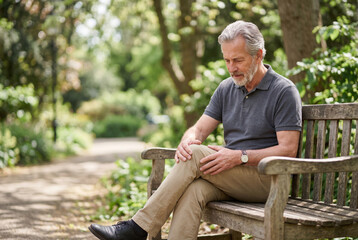 Fototapeta premium Mature man sitting on park bench while touching painful knee
