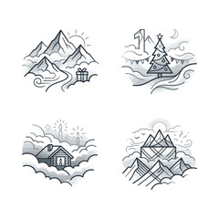 Obraz premium Winter Holiday Mountain Scenes Vector Icons Set