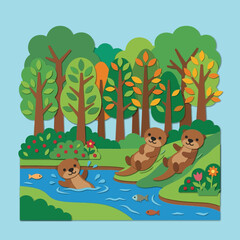 Obraz premium Cute Otters Playful River Wooded Scene
