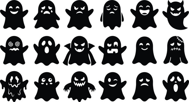 Of 18 demon faces with horns, fangs, and glowing eyes
