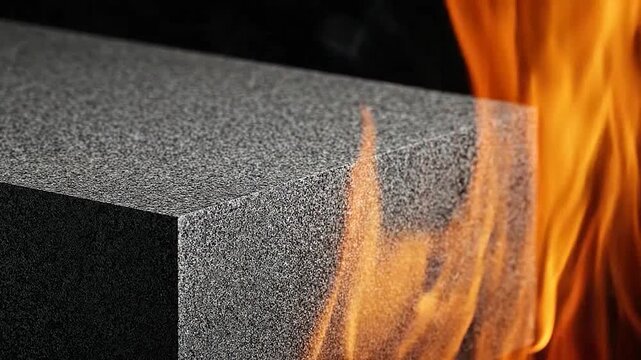 A dark gray textured block is engulfed in bright orange flames