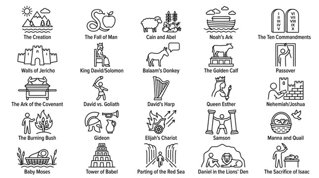 Set of Biblical Story Icons Featuring Famous Old Testament Scenes and Religious Symbols for Educational Materials and Web Design