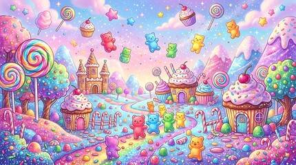 Obraz premium A vibrant fantasy landscape with candy treats, colorful buildings and sweets floating in the air at a lively festival.