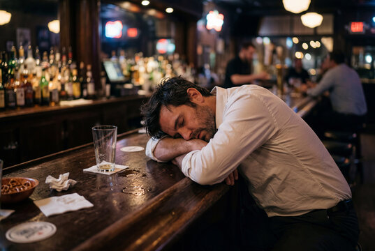 Intoxicated man sleeping on bar counter after drinking alcohol in pub