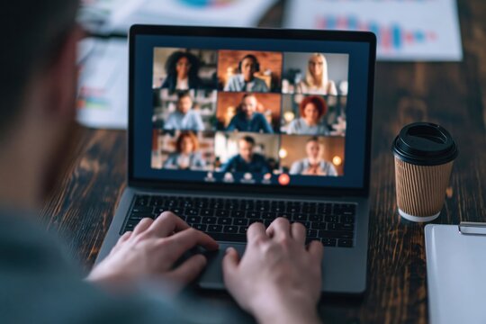 Video conference meeting on laptop for remote business communication and digital work