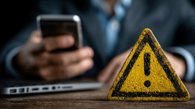 Businessperson receives malware warning on smartphone and laptop illustrating phishing detection cybersecurity risk management spam alerts and online protection awareness