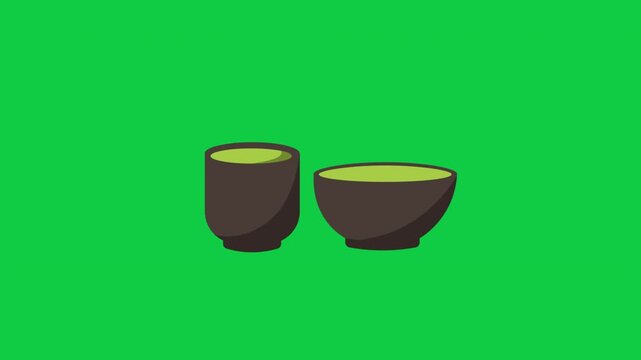 Animated Seamless Loop of Two Traditional Japanese Green Tea Cups, Flat 2D Vector Style on Green Screen