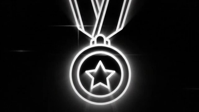 A glowing outline of a medal with a star inside on a dark background