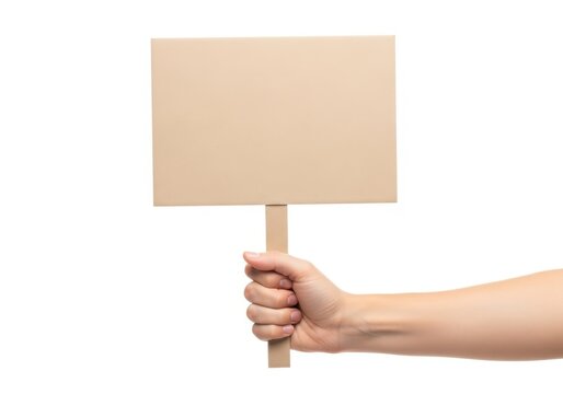 Hand holding a blank cardboard sign against a white background