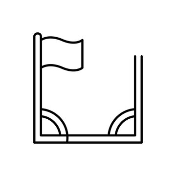 Minimal outline icon representing a football stadium field pitch corner kick area with a flag setup.
