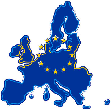 map of the EU, European Union, isolated, creative dark blue, light-blue outline padding colors and stars