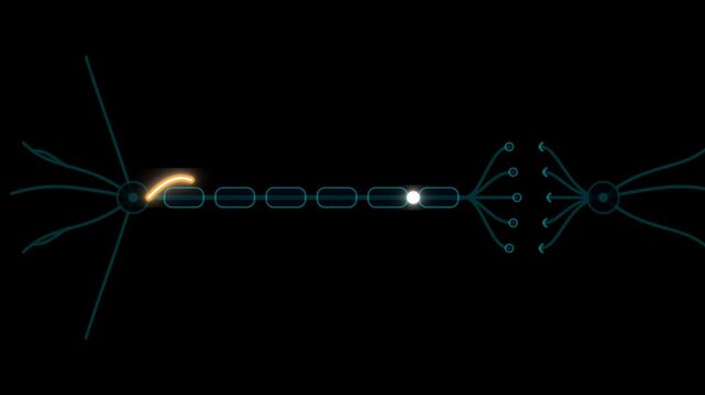Digital animation showing a neural impulse signal traveling along an axon on a black background, representing brain activity and medical science.
