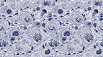 Seamless ocean wave pattern with marine life, coral shells, fish and jellyfish © ahmta