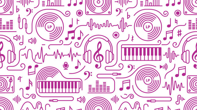 Seamless music doodle pattern with vinyl records headphones piano keys and audio symbols