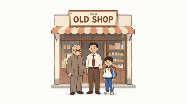Warm illustration of three generations standing together outside a cozy vintage shop with striped awning and classic decor.