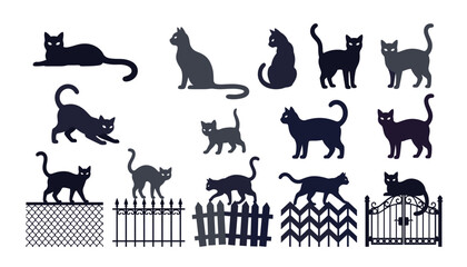 Black cat silhouette flat icon vector collection. Featuring stalking felines, wooden picket fences, metal gates and spooky halloween pet poses. © Creative Studio 