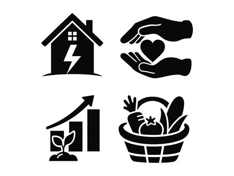 Set of black vector icons representing sustainable energy social care community support economic growth agricultural harvest and healthy lifestyle essentials