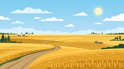 Fototapeta premium Golden wheat field landscape with rolling hills, a winding road and a tractor under a sunny sky