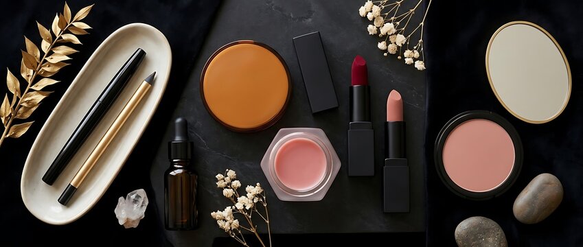 Elegant makeup and skincare products flat lay on a dark luxury background