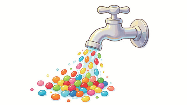 Whimsical illustration of a silver faucet pouring rainbow-colored candy gems and colorful water droplets cascading downward in a playful, cartoon-style design with vibrant hues and glossy textures.