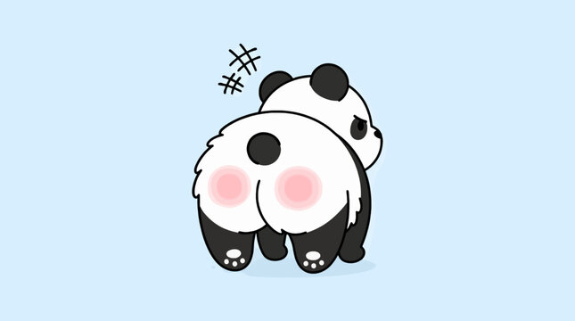 Cute Cartoon Panda Showing Its Bottom with Angry Expression and Rosy Cheeks, Funny Vector Illustration of a Grumpy Bear Character Looking Back, Playful Mascot Design on Solid Light Blue Background