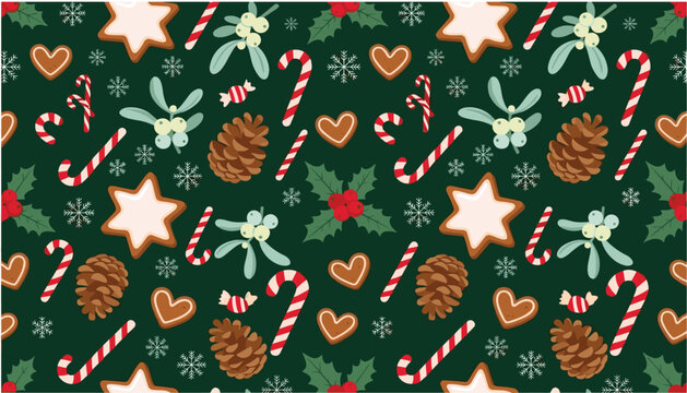 Seamless Christmas holiday vector pattern background. Featuring frosted star cookies, candy canes, mistletoe berries, brown pinecones and delicate winter snowflakes.