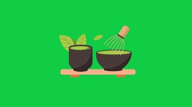 Animated Seamless Loop of Japanese Matcha Tea Set with Cups and Whisk, 2D Vector Illustration on Green Screen