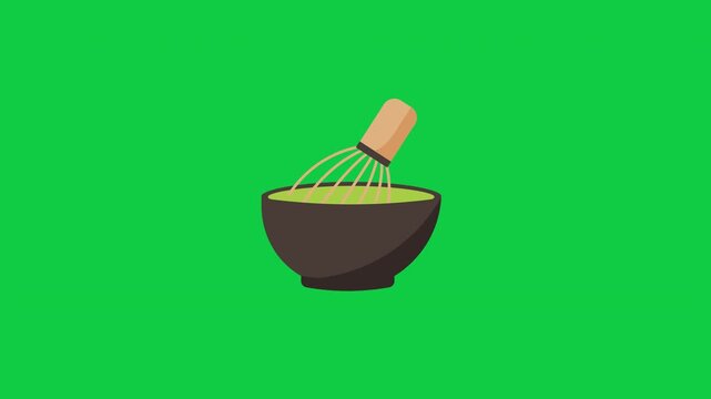 Animated Seamless Loop of Traditional Matcha Green Tea Bowl and Bamboo Whisk Chasen, 2D Vector on Green Screen