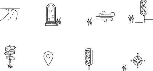 Road trip and navigation line art vector icon set featuring winding highway milestone wind blowing traffic lights wooden signpost map pin and compass rose symbols © Ms