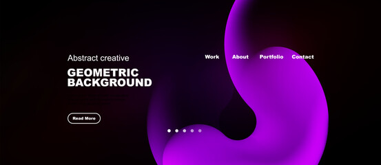 Fototapeta na wymiar Dark background features abstract shapes, text elements, navigation menu. Modern design promotes creativity, geometric patterns.