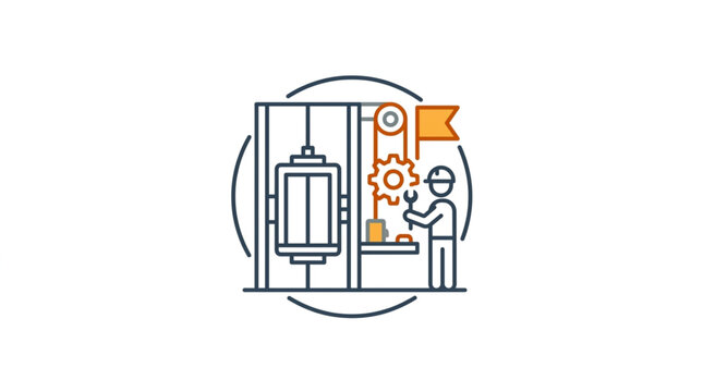 Industrial maintenance worker with elevator and gears illustration.