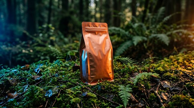 A brown bag sits on forest floor surrounded by ferns and mossy ground with trees in background at dusk 0522.jpg