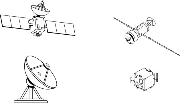 Space satellite and telecommunication line art vector icon set featuring orbital spacecraft solar panels parabolic radar dish antenna and cubesat technology symbols