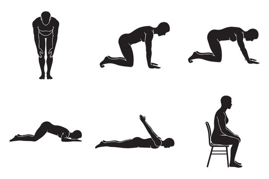 Collection of yoga and exercise poses in silhouette, depicting various stretches and positions for physical wellness and mindfulness. Vector illustration.