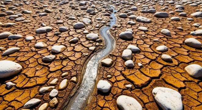 Sun-scorched mountain creekbed with cracked mud and sun-bleached stones, featuring a thin silver thread of water during a record heatwave, dehydration, parched, evaporation