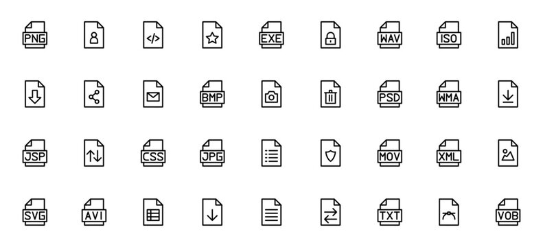 File types icon set. Minimal vector icons pack. Includes symbols for PNG, JPG, SVG, PDF, EXE, WAV, ISO, BMP, PSD, WMA, JSP, CSS, MOV, XML, AVI, TXT, VOB, Excel, and more. Editable stroke.